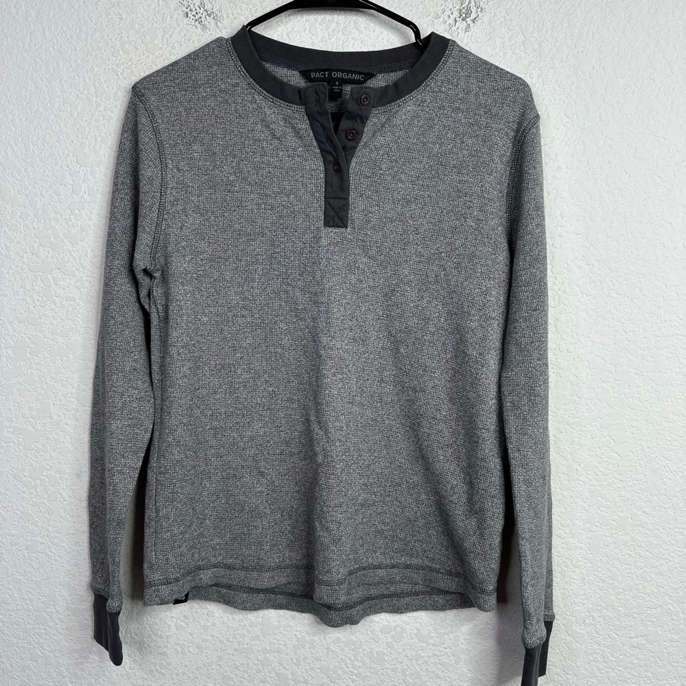 Pact Organic‎ Shirt Mens S Grey Organic Long Sleeve Waffle Knit Thermal Henley